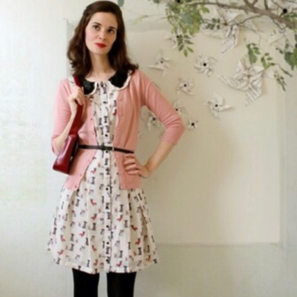 Rose/pale-pink Modcloth cardigan.